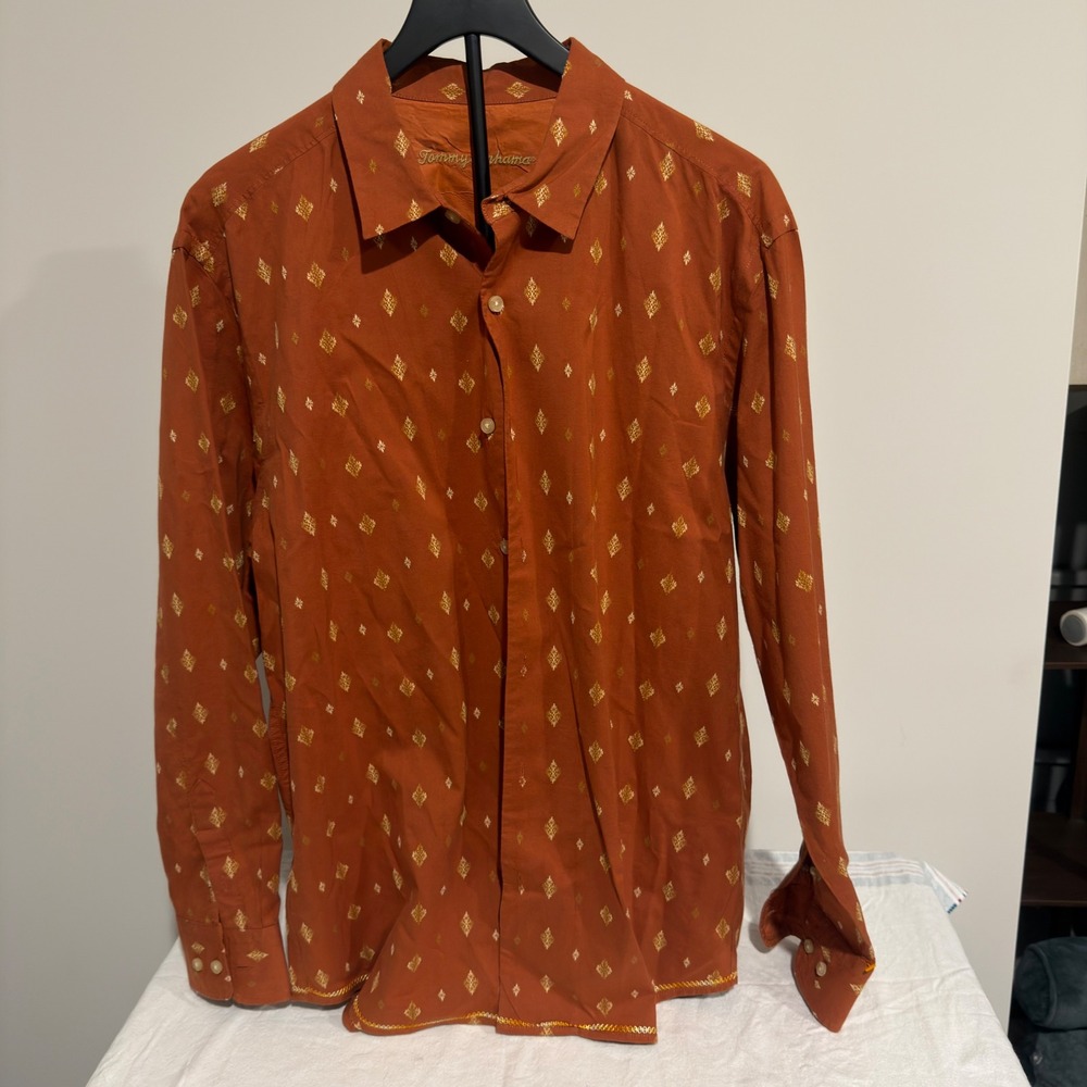 Tommy Bahama Mens Large Burnt Orange Silk Cotton Embroidered Diamond Shirt LS